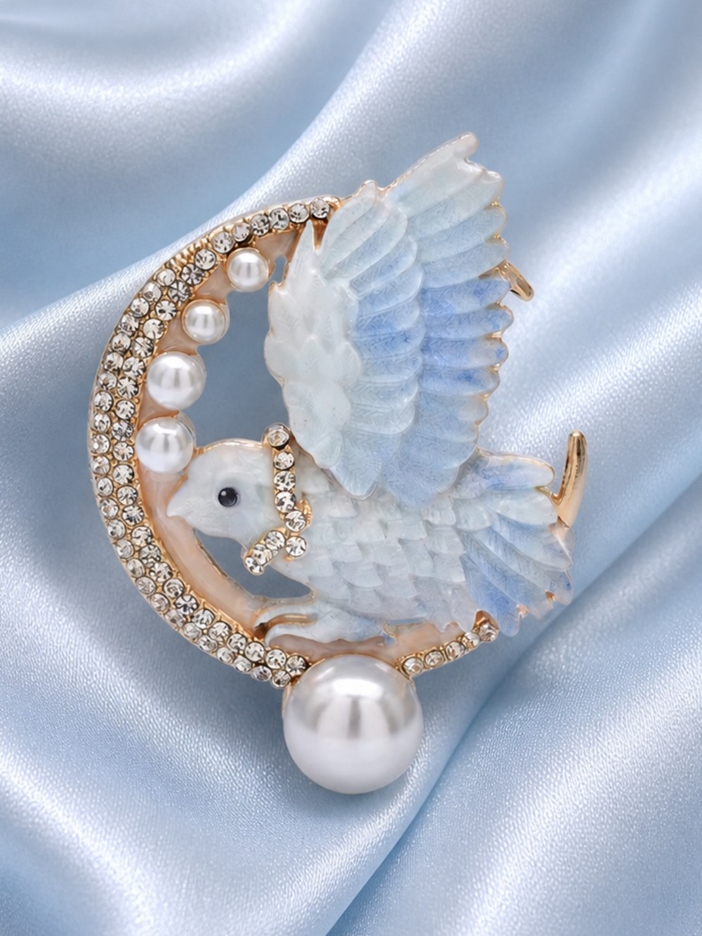 Celestial White Blue Bird Pearl Crystal Brooch